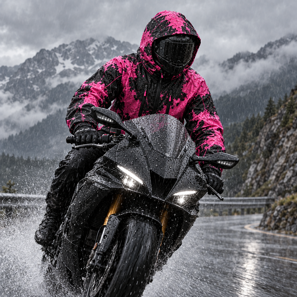 Motorradfahrer im Regen mit CHROMA RIDE Jacke