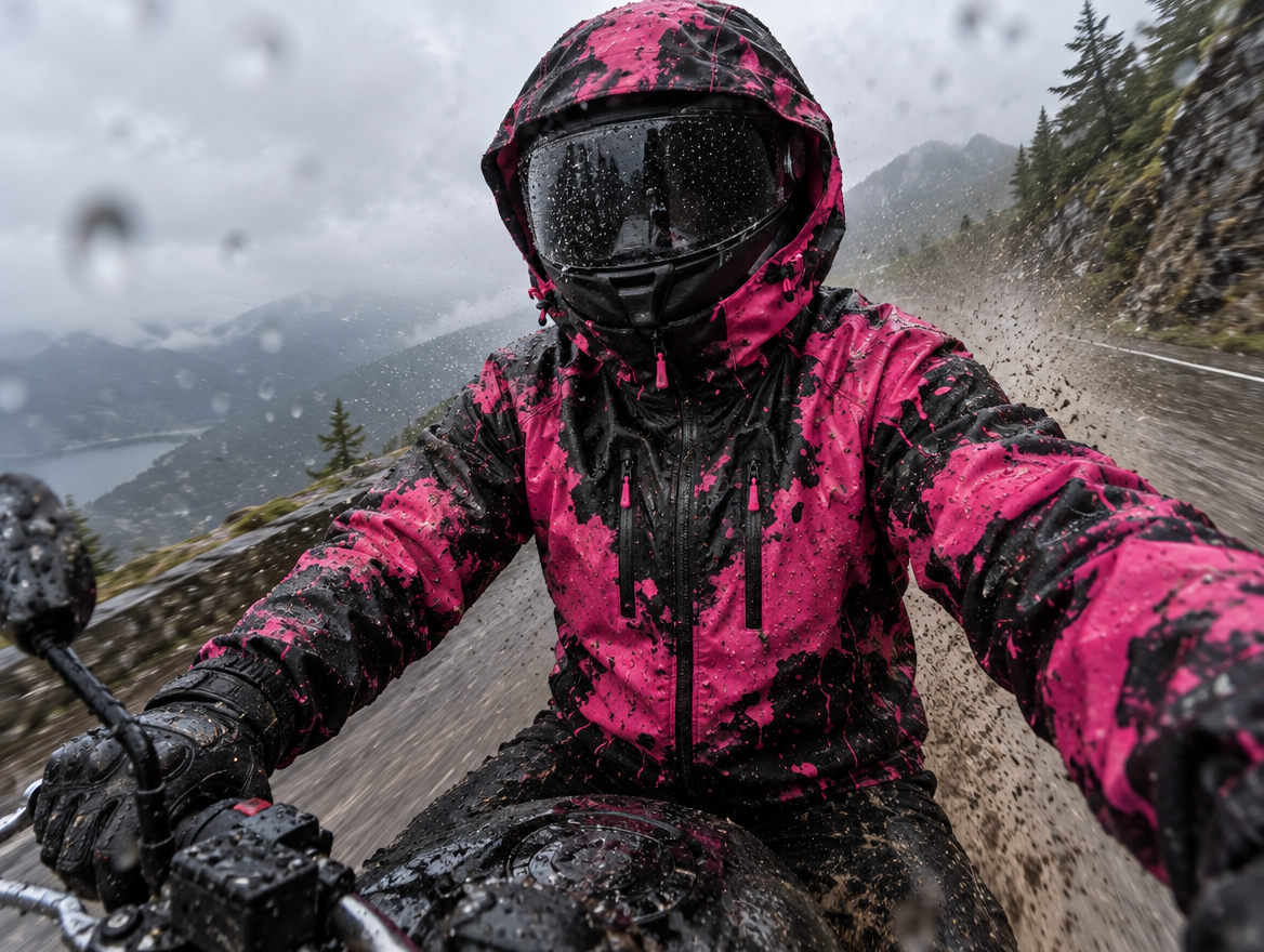 Biker im Regen mit CHROMA RIDE Jacke