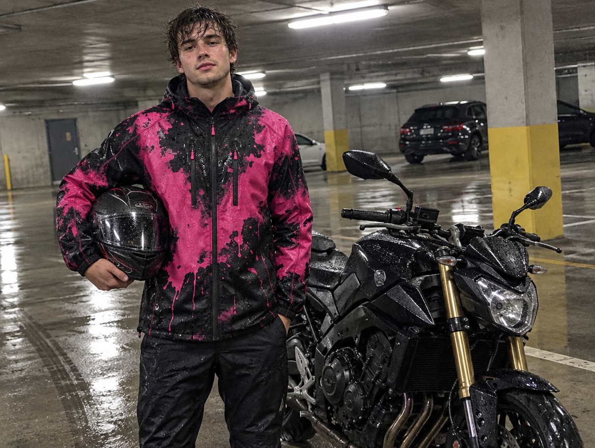 Bikerin im Parkhaus mit CHROMA RIDE Jacke