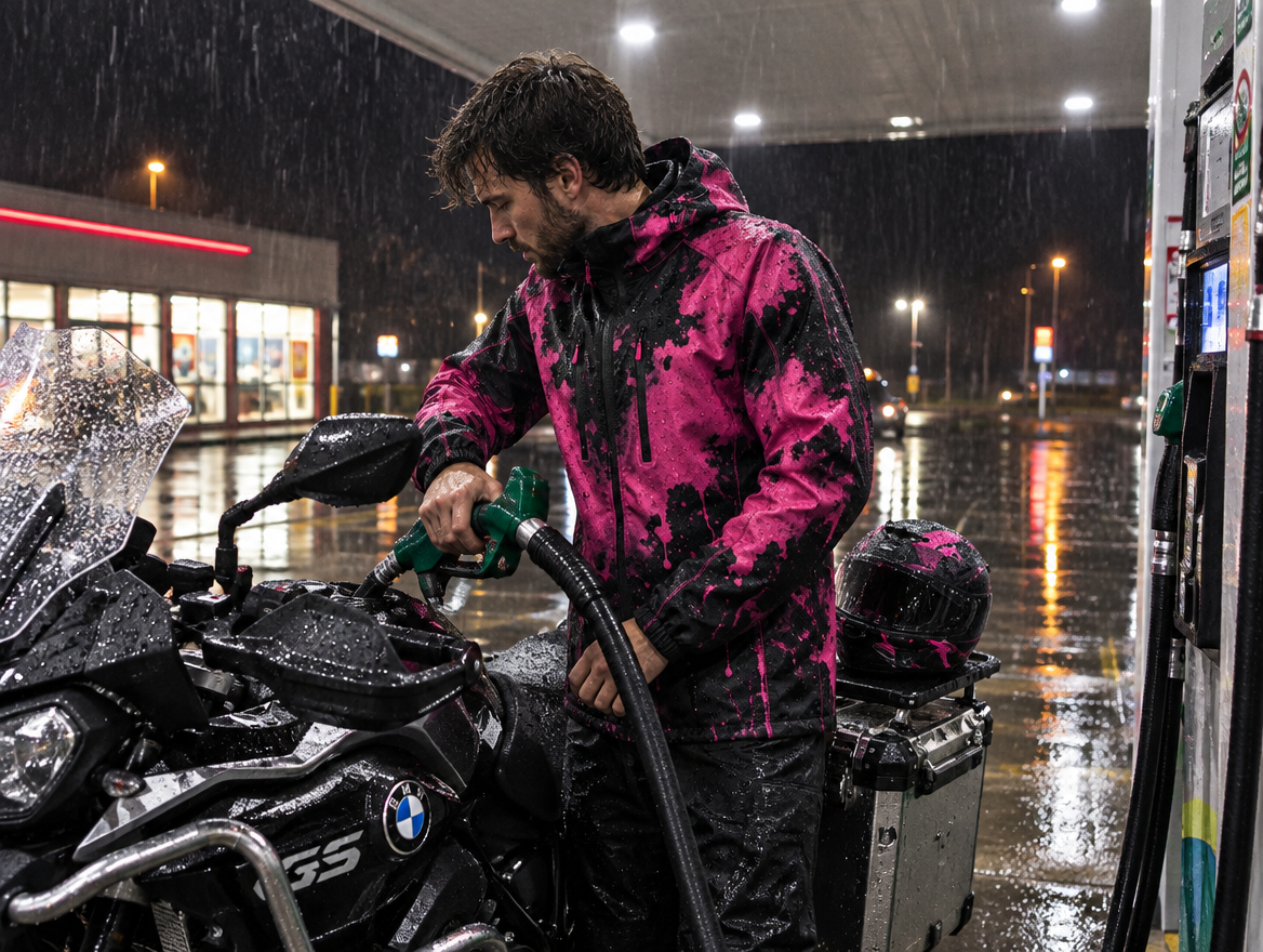 Biker an der Tankstelle im Regen
