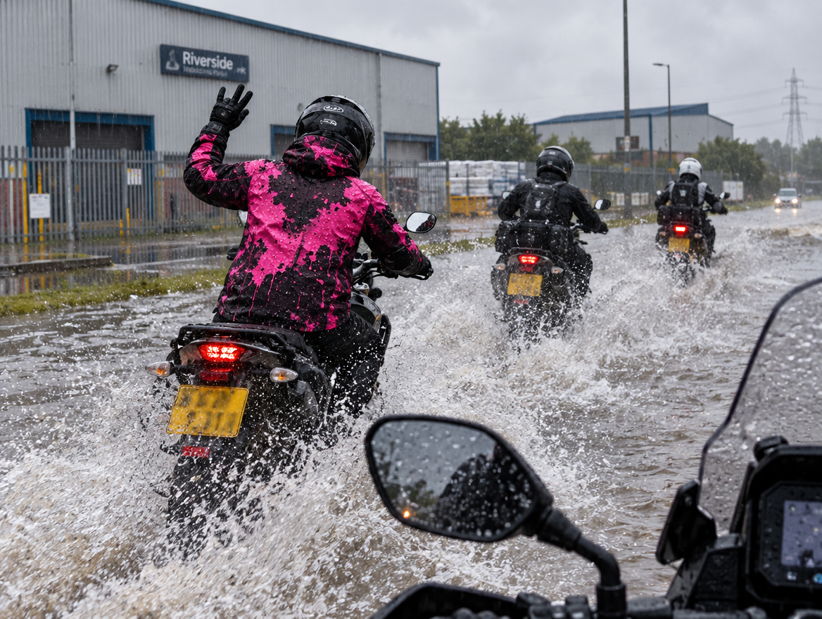 Zwei Biker vor einem Café im Regen
