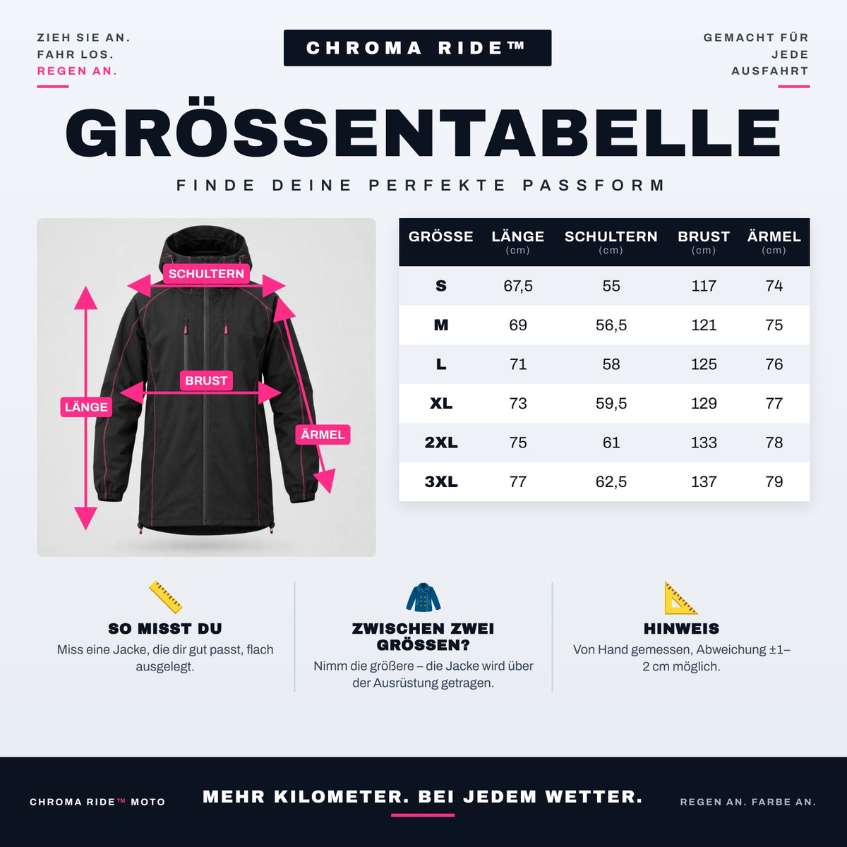 Größentabelle – CHROMA RIDE Reaktive Regenjacke (S bis 3XL)