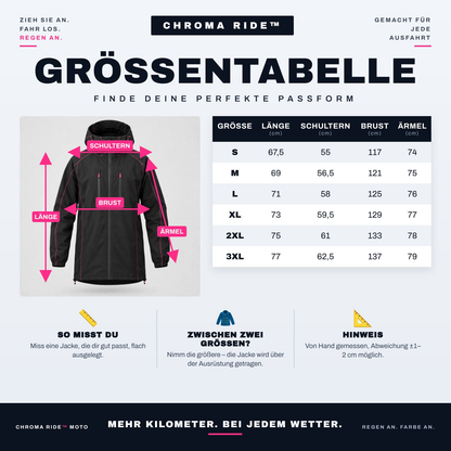 Größentabelle – CHROMA RIDE Reaktive Regenjacke (S bis 3XL)